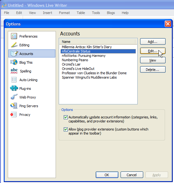 Typical Live Writer Tools | Options | Accounts selection