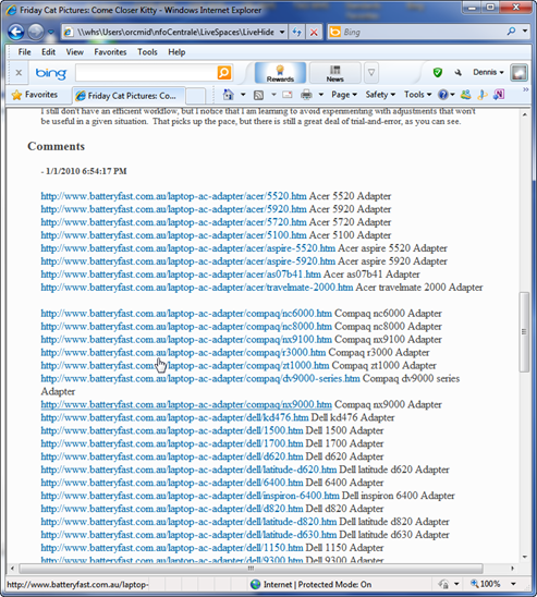The downloaded blog articles contain all of the comment spam that was not so noticeable on the site itself.